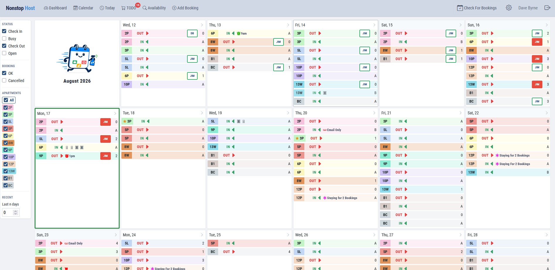 Nonstop Host - booking calendar showing check-ins, check-outs and cleaner assignments across every apartment